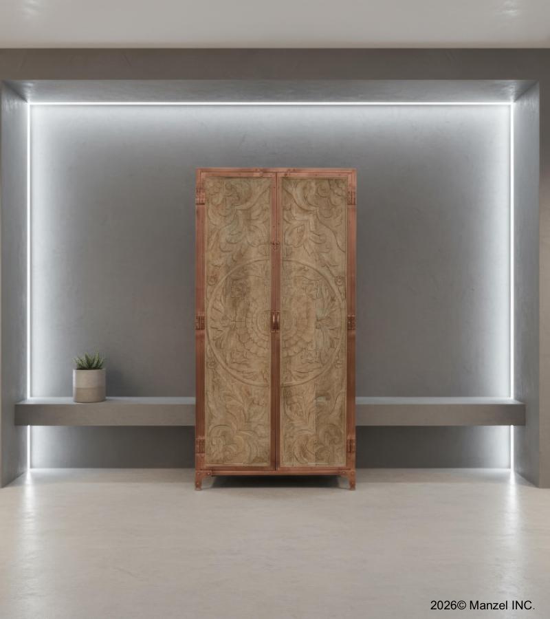 SOLID CARVED WOOD + METAL DOUBLE DOOR CABINET