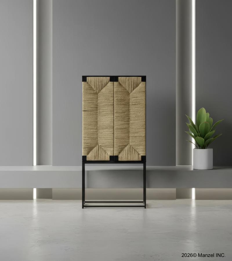 IRON & WOVEN MATERIAL CABINET ON BASE