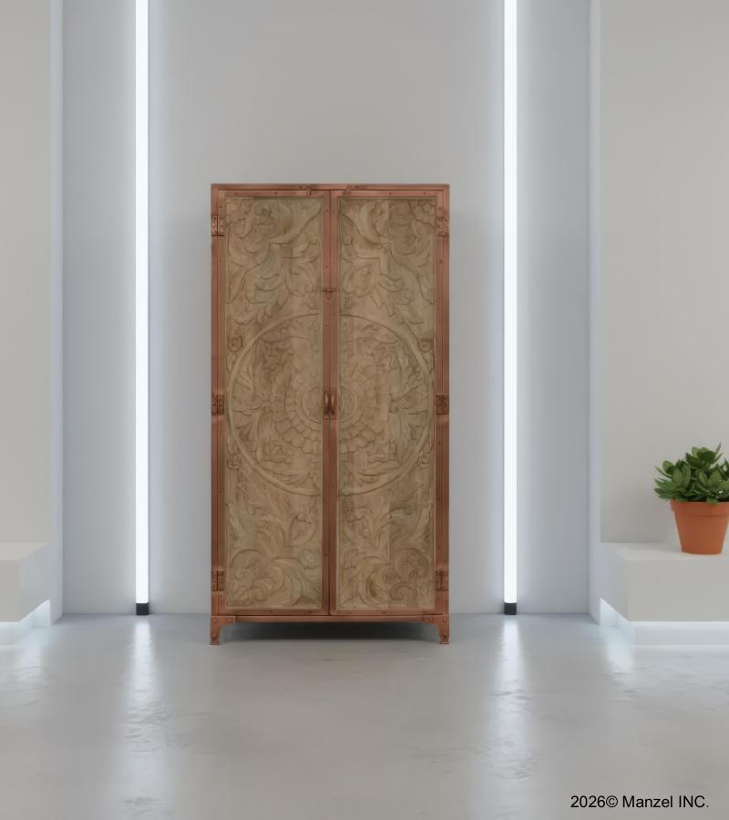 SOLID CARVED WOOD + METAL DOUBLE DOOR CABINET