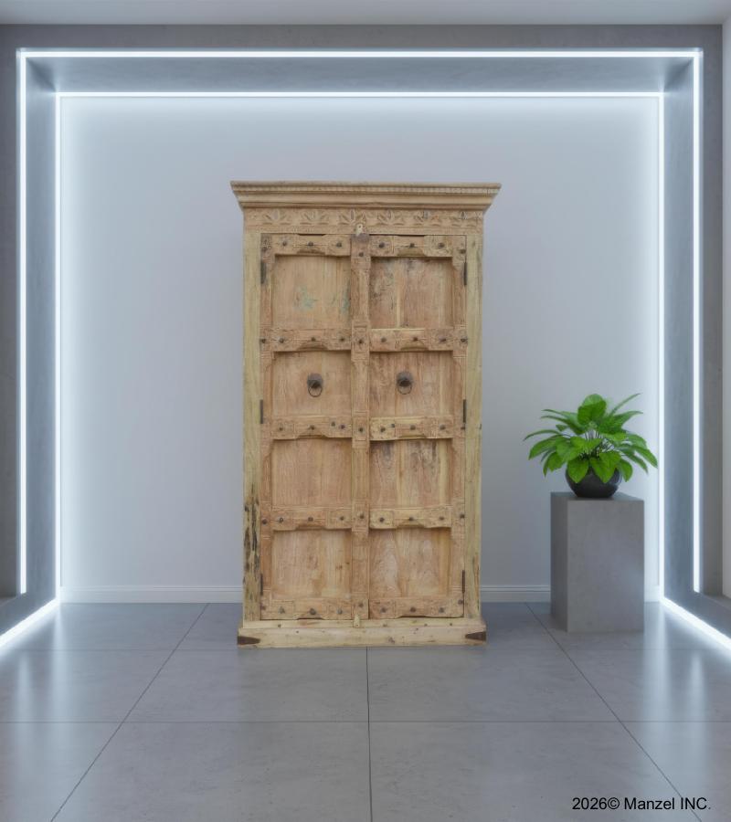 SOLID RECLAIMED CARVED TEAK WOOD CABINET WITH 2 DOORS & SHELVES