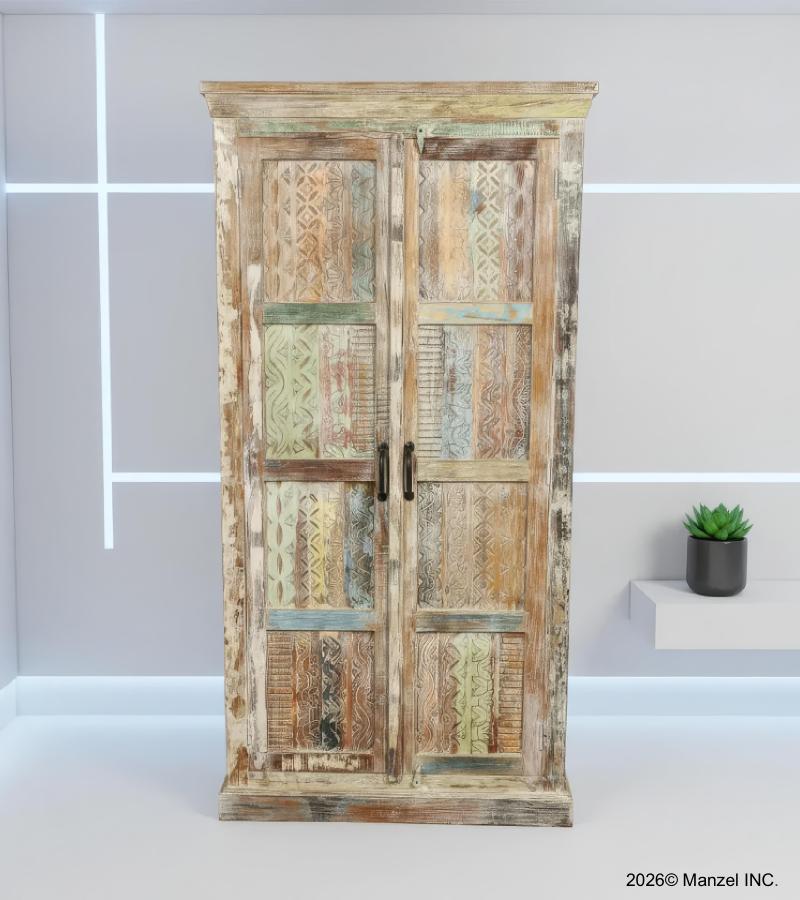 HAND CARVED RECLAIMED TEAK WARDROBE ARMOIRE CABINET