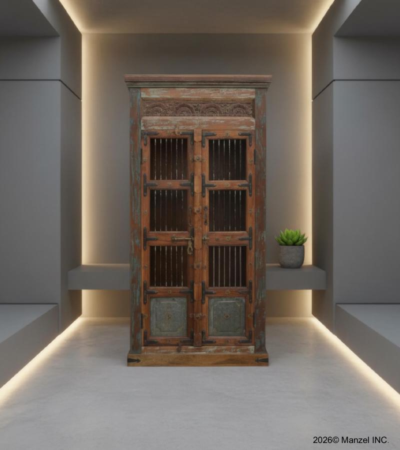 SOLID RECLAIMED TEAK WOOD, METAL & GLASS CABINET