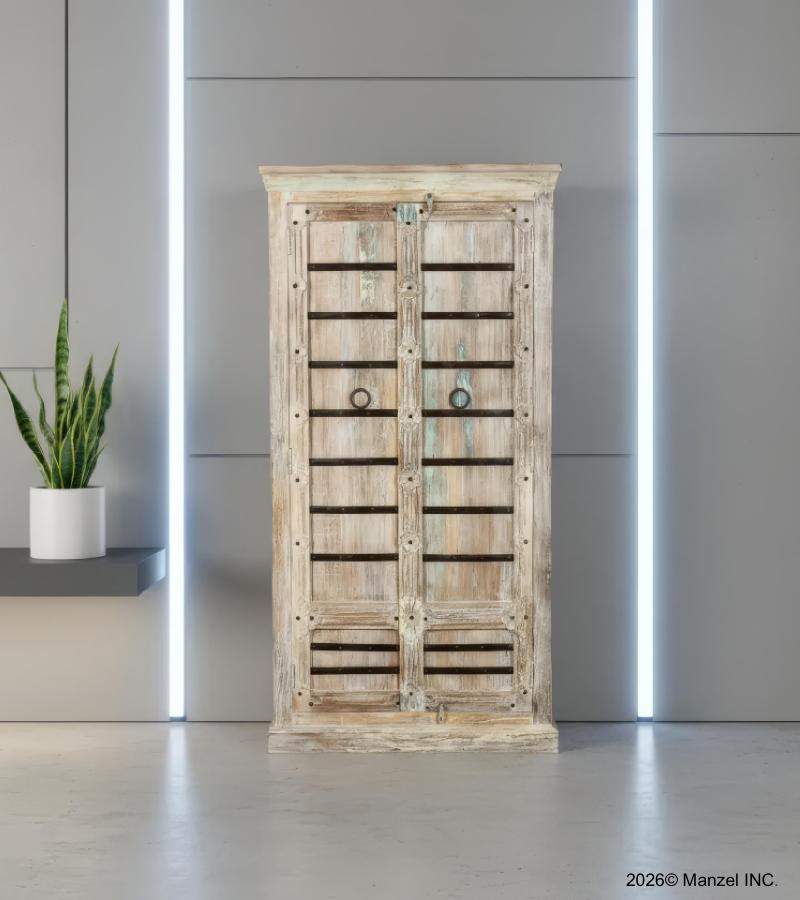 SOLID RECLAIMED CARVED WOOD STORAGE CABINET W/ IRON DETAILS