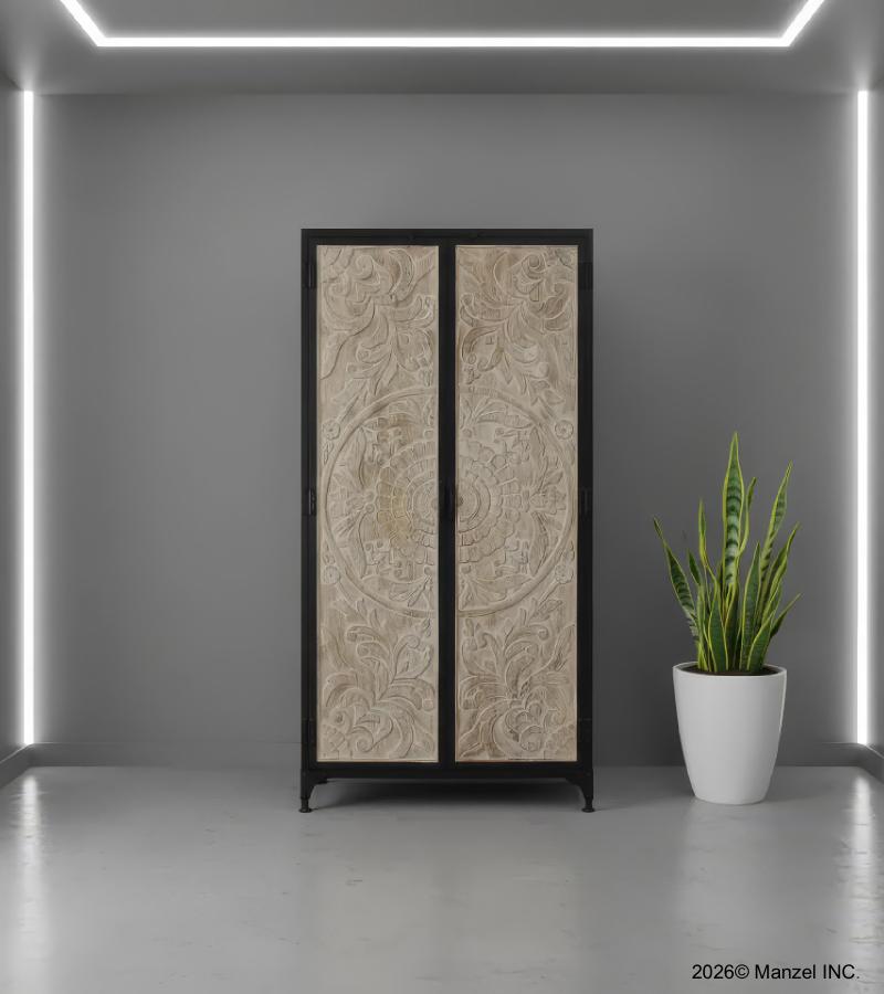 SOLID CARVED WOOD + METAL DOUBLE DOOR CABINET