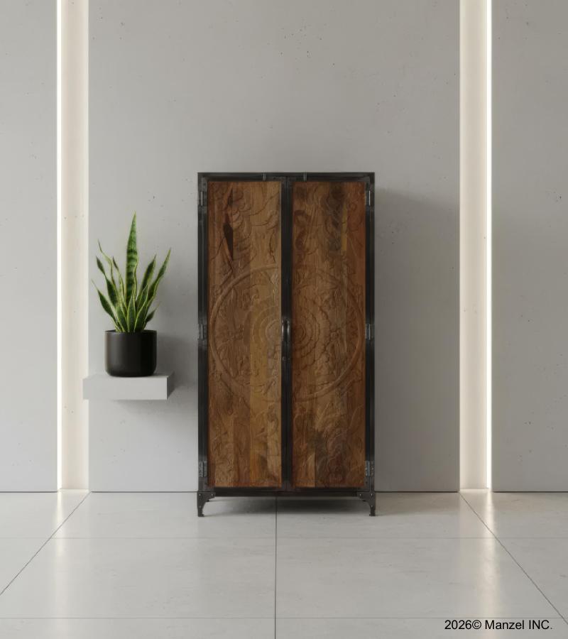 SOLID CARVED WOOD + METAL DOUBLE DOOR CABINET