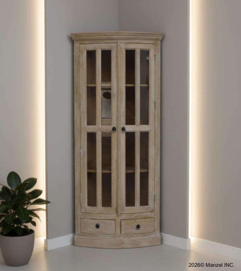 SOLID WOOD & GLASS CORNER CABINET W/ 2 DRAWERS