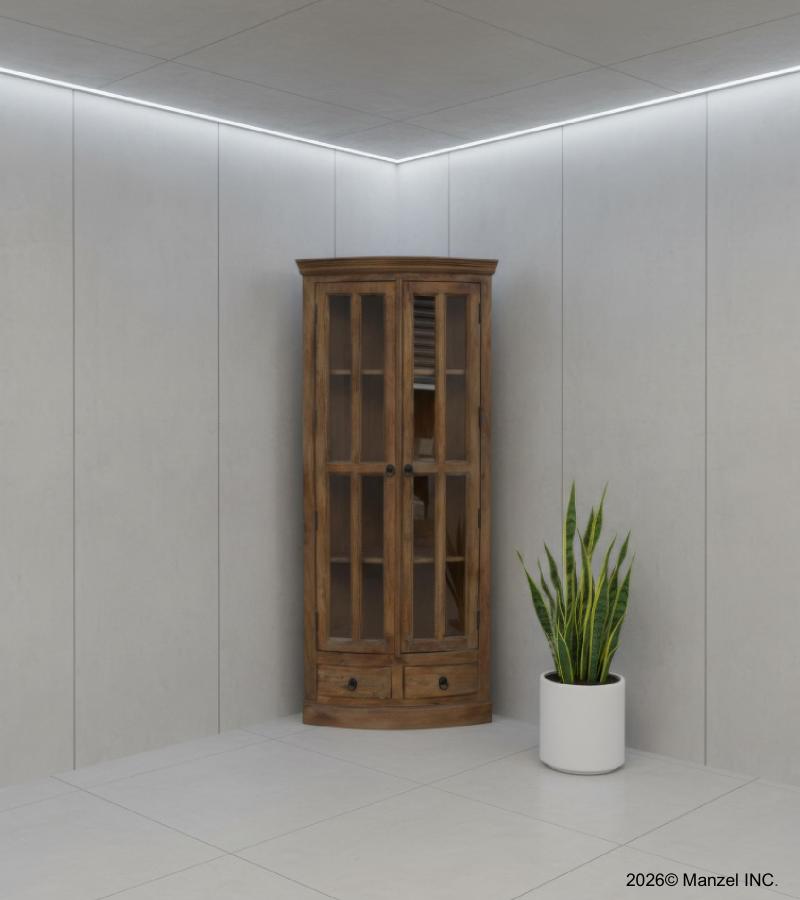 SOLID WOOD & GLASS CORNER CABINET W/ 2 DRAWERS