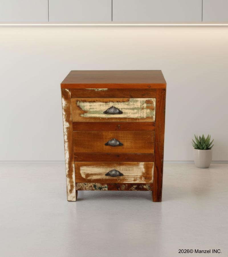 SOLID RECLAIMED TEAK WOOD END TABLE / NIGHTSTAND W/ 3 DRAWERS