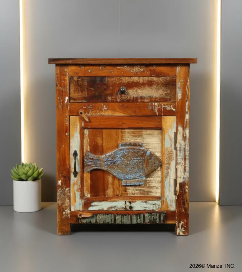 SOLID RECLAIMED TEAK WOOD NIGHTSTAND END TABLE W/ CARVED FISH