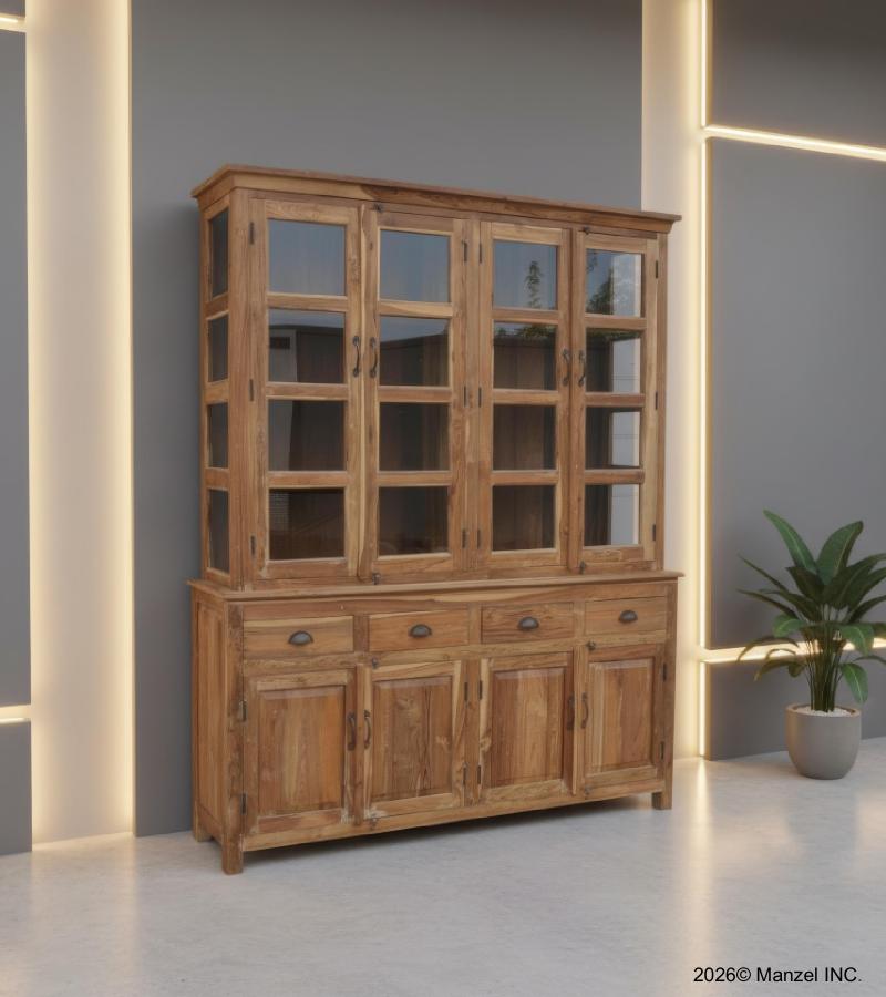 STUNNING SOLID RECLAIMED TEAK WOOD & GLASS 2 PIECE HUTCH W/ DRAWERS & DOORS