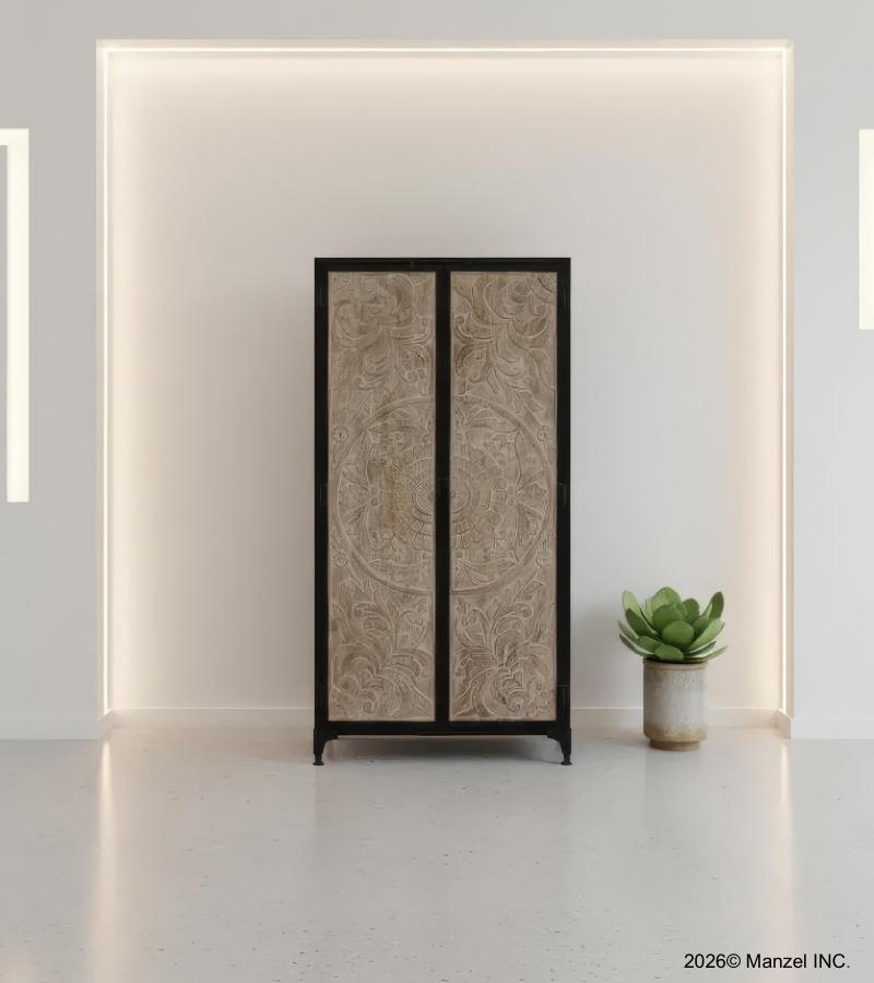 SOLID CARVED WOOD + METAL DOUBLE DOOR CABINET
