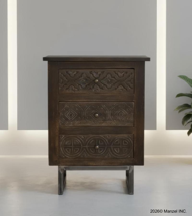 SOLID HAND CARVED WOOD 3 DRAWER NIGHTSTAND / END TABLE