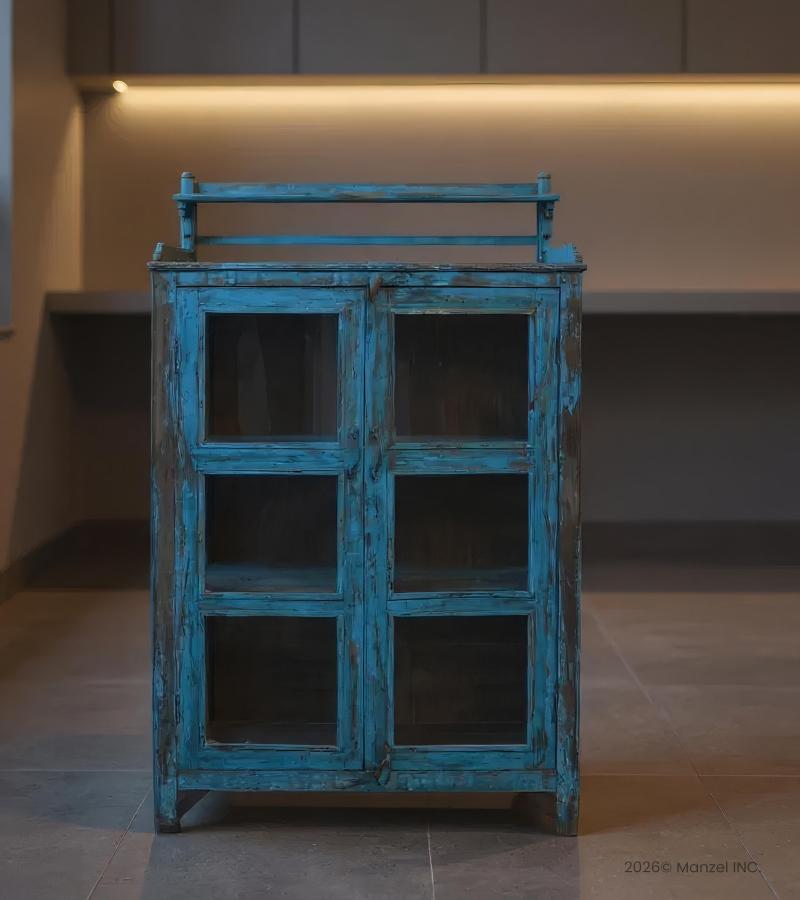 VINTAGE RECLAIMED TEAK WOOD & GLASS CABINET DISPLAY CASE