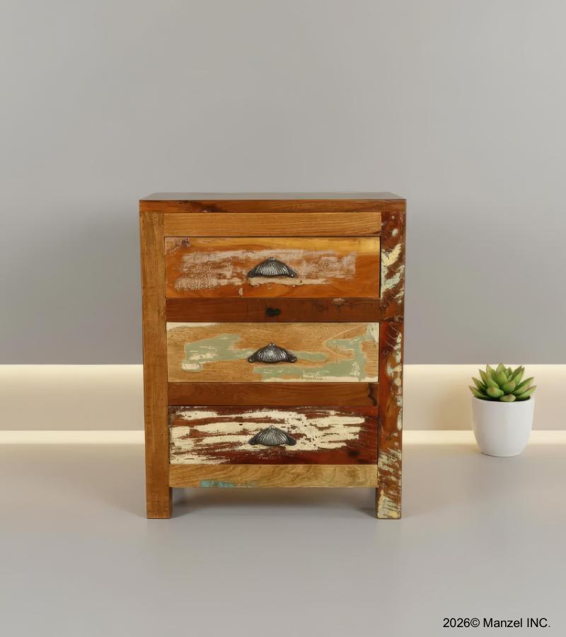 SOLID RECLAIMED TEAK WOOD END TABLE / NIGHTSTAND W/ 3 DRAWERS