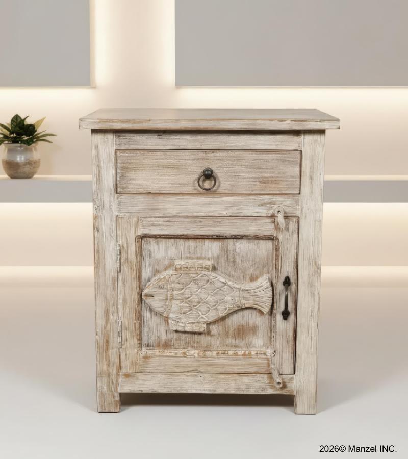 SOLID RECLAIMED TEAK WOOD NIGHTSTAND END TABLE W/ CARVED FISH