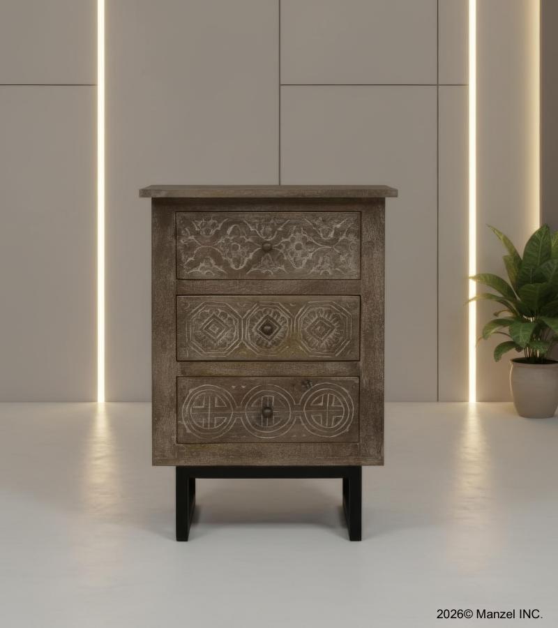 SOLID HAND CARVED WOOD 3 DRAWER NIGHTSTAND / END TABLE