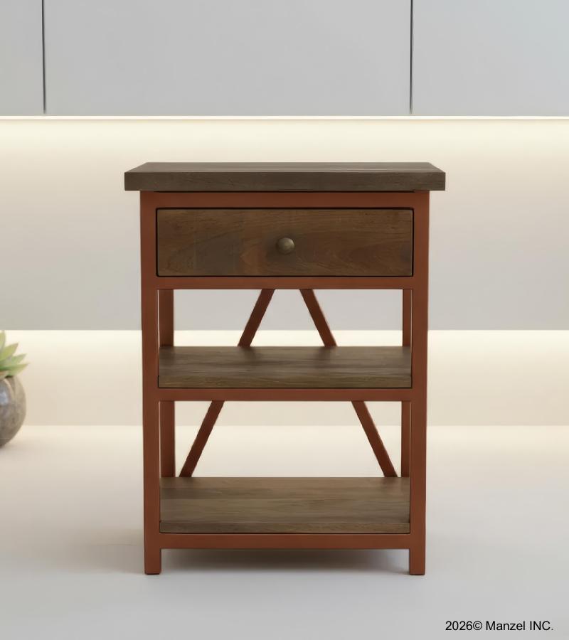 SOLID WOOD & IRON NIGHTSTAND / END TABLE