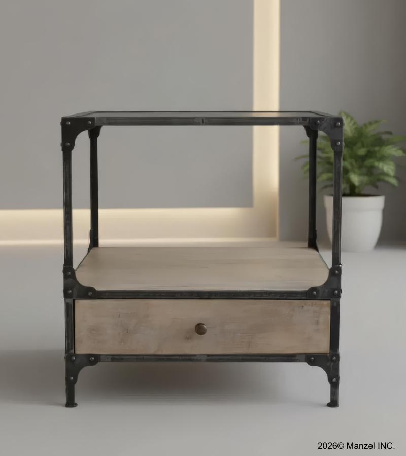 SOLID WOOD & IRON 1 DRAWER END TABLE NIGHTSTAND