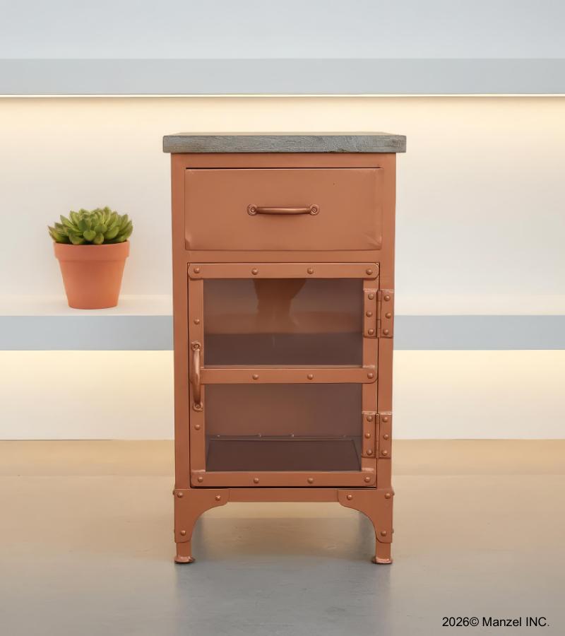 SOLID IRON, GLASS & WOOD NIGHTSTAND END TABLE