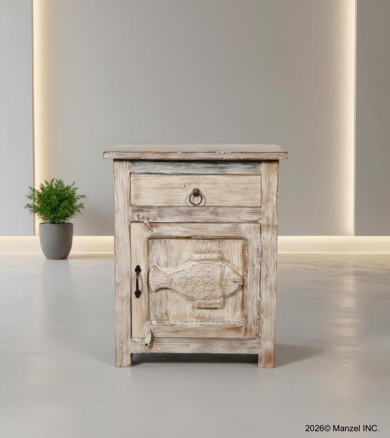 SOLID RECLAIMED TEAK WOOD NIGHTSTAND END TABLE W/ CARVED FISH