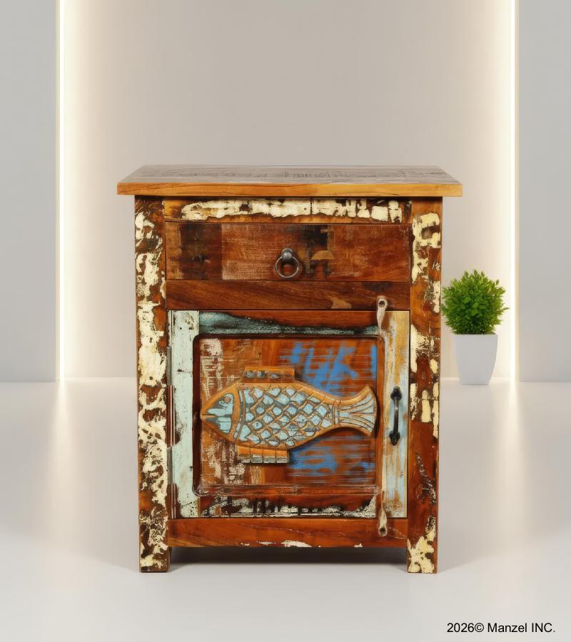 SOLID RECLAIMED TEAK WOOD NIGHTSTAND END TABLE W/ CARVED FISH