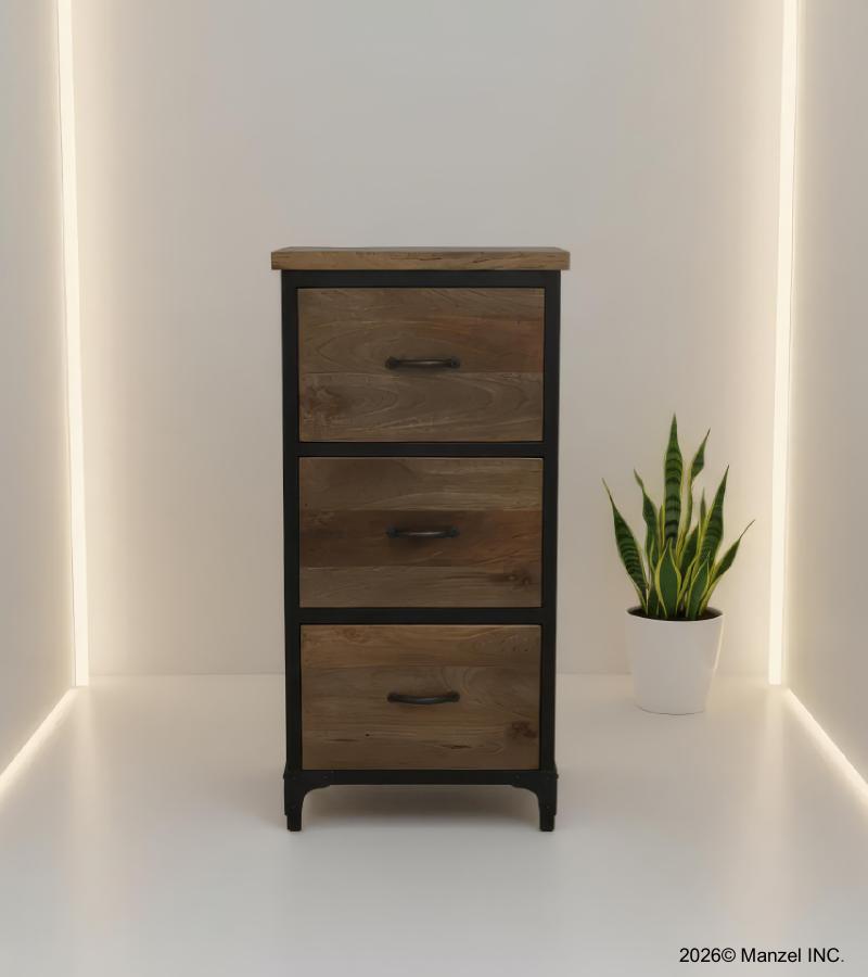 SOLID WOOD & IRON 3 DRAWER CHEST END TABLE