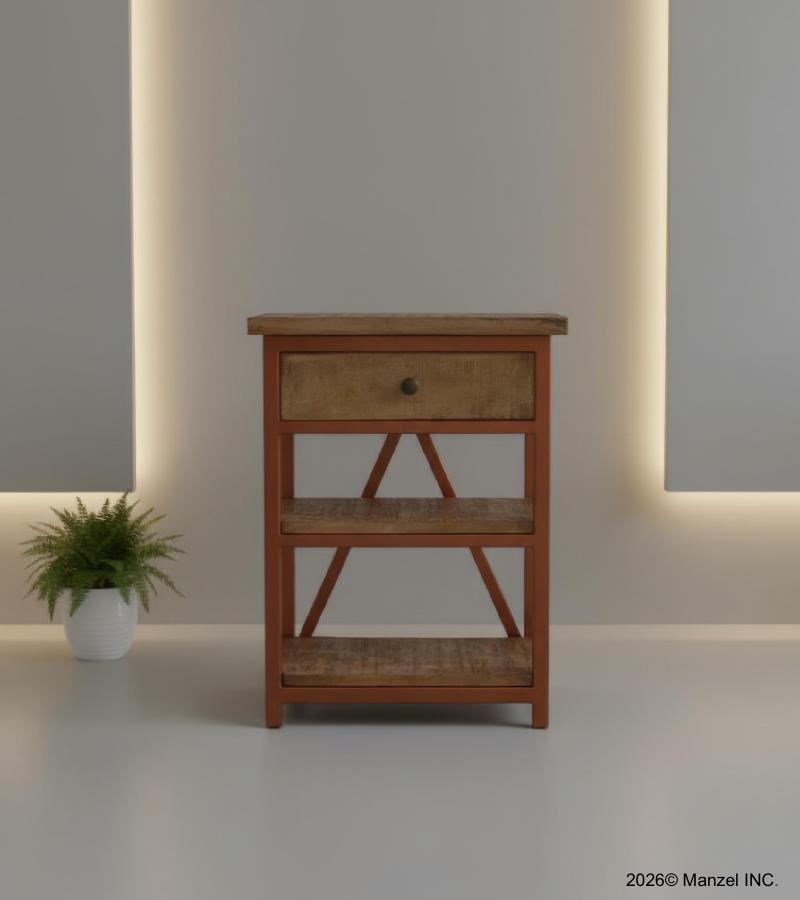 SOLID WOOD & IRON NIGHTSTAND / END TABLE