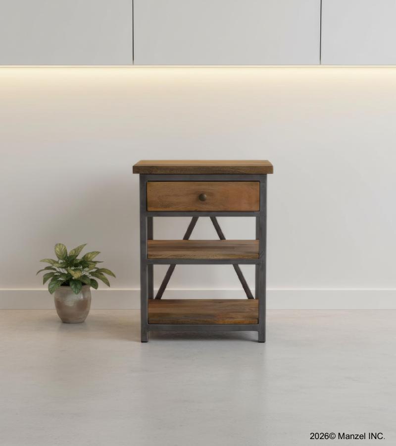 SOLID WOOD & IRON NIGHTSTAND / END TABLE