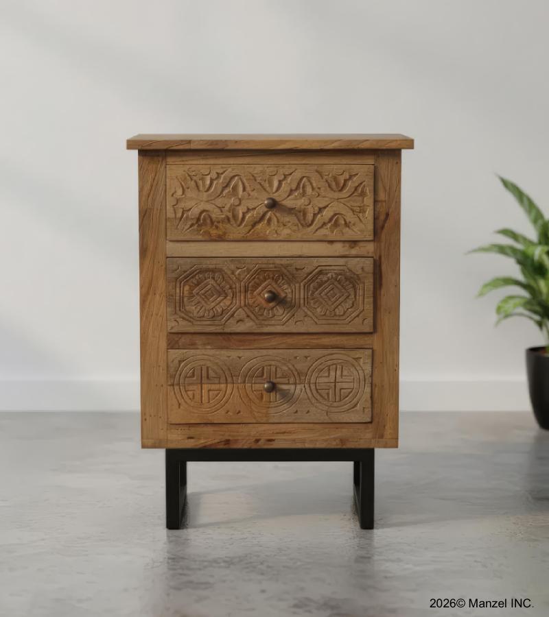 SOLID HAND CARVED WOOD 3 DRAWER NIGHTSTAND / END TABLE