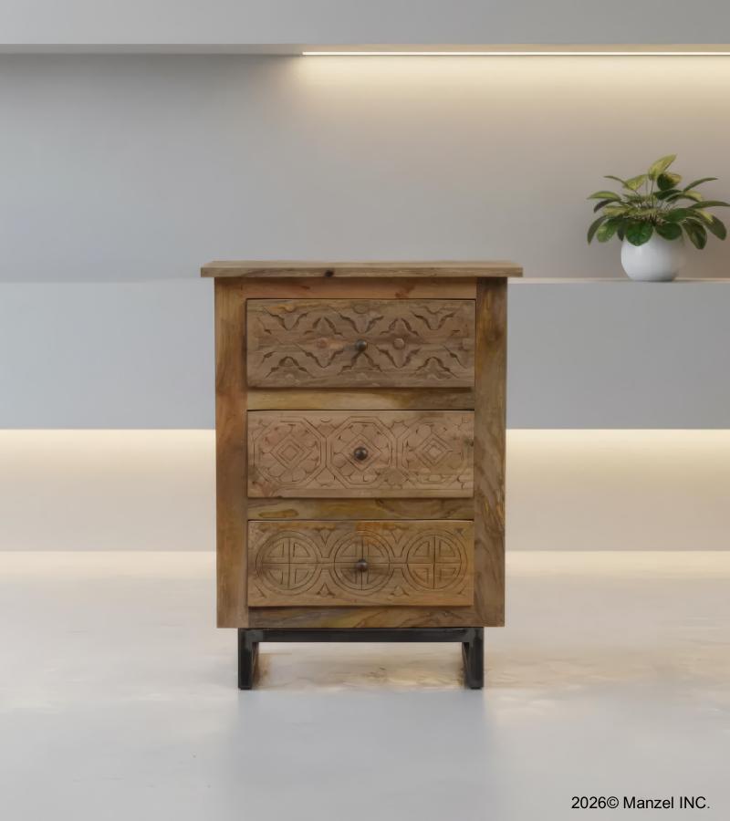 SOLID HAND CARVED WOOD 3 DRAWER NIGHTSTAND / END TABLE