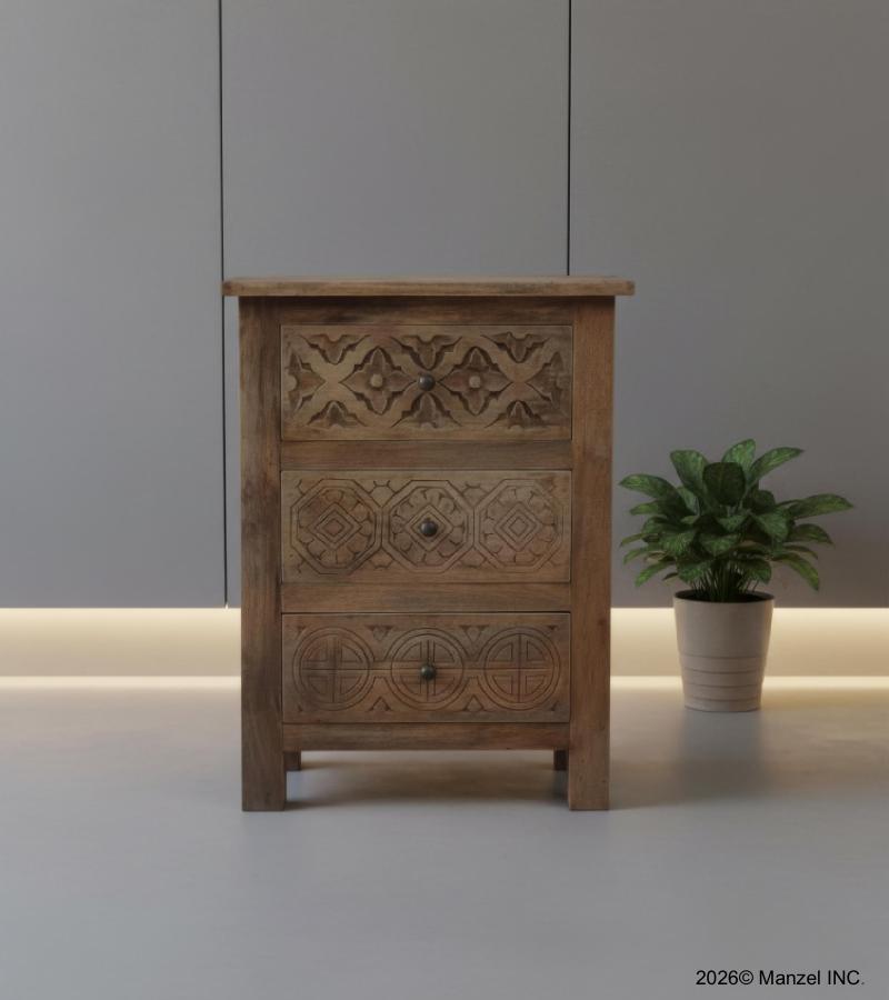 SOLID HAND CARVED WOOD NIGHTSTAND / END TABLE 3 DRAWERS