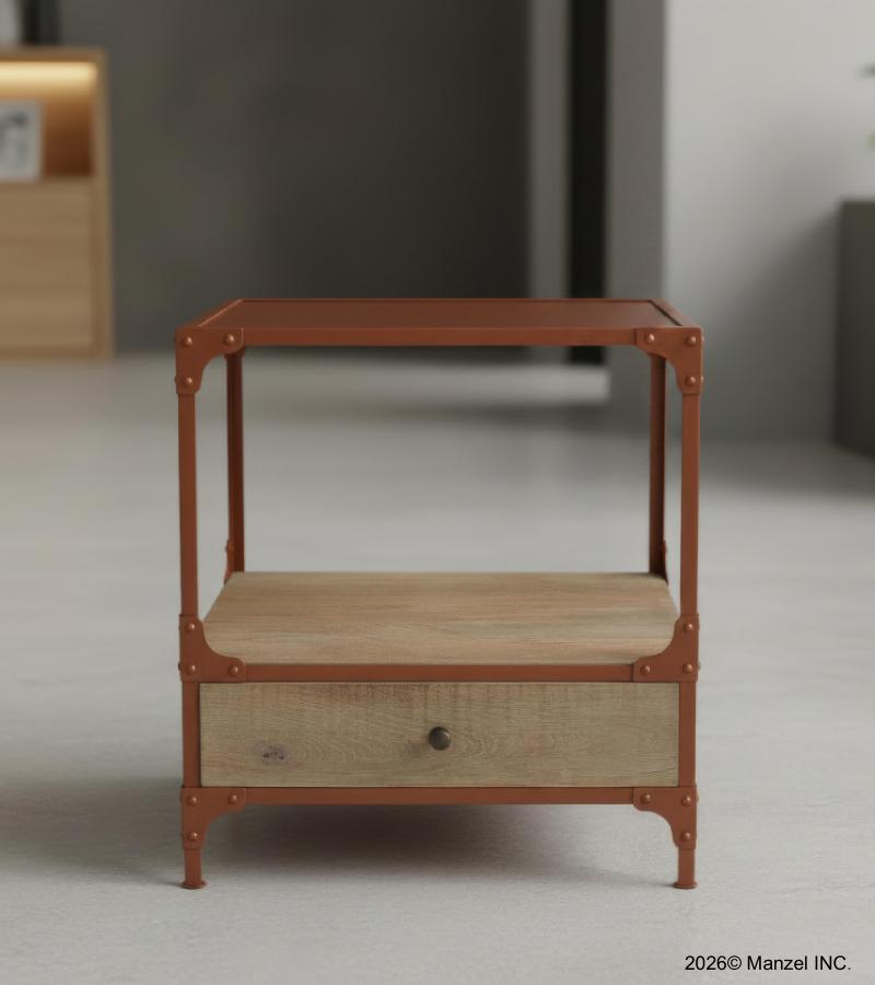 SOLID WOOD & IRON 1 DRAWER END TABLE NIGHTSTAND