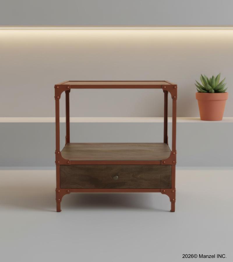 SOLID WOOD & IRON 1 DRAWER END TABLE NIGHTSTAND