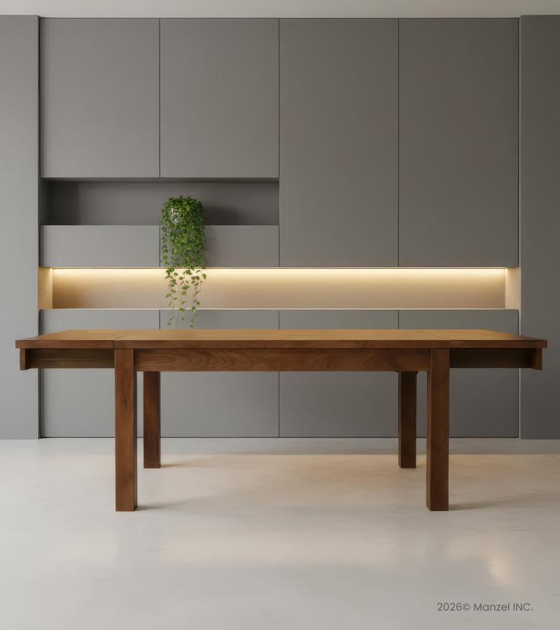 EXTENDABLE SOLID WOOD DINING TABLE W/ SELF-STORING EXTENSIONS