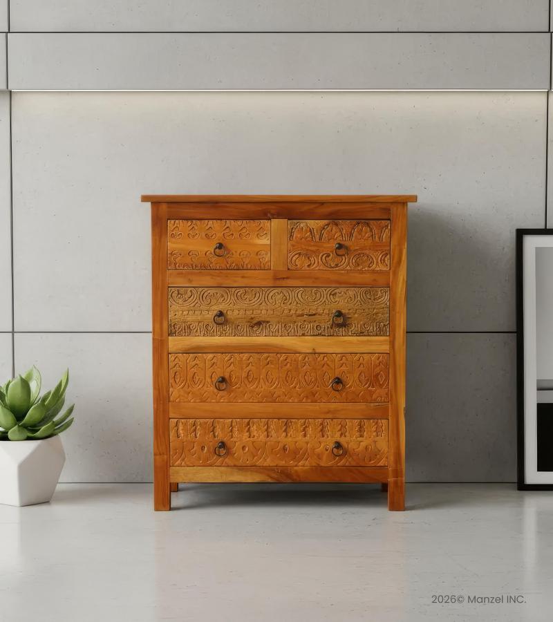 SOLID RECLAIMED TEAK WOOD HAND CARVED DRESSER BUREAU CABINET 5 DRAWERS