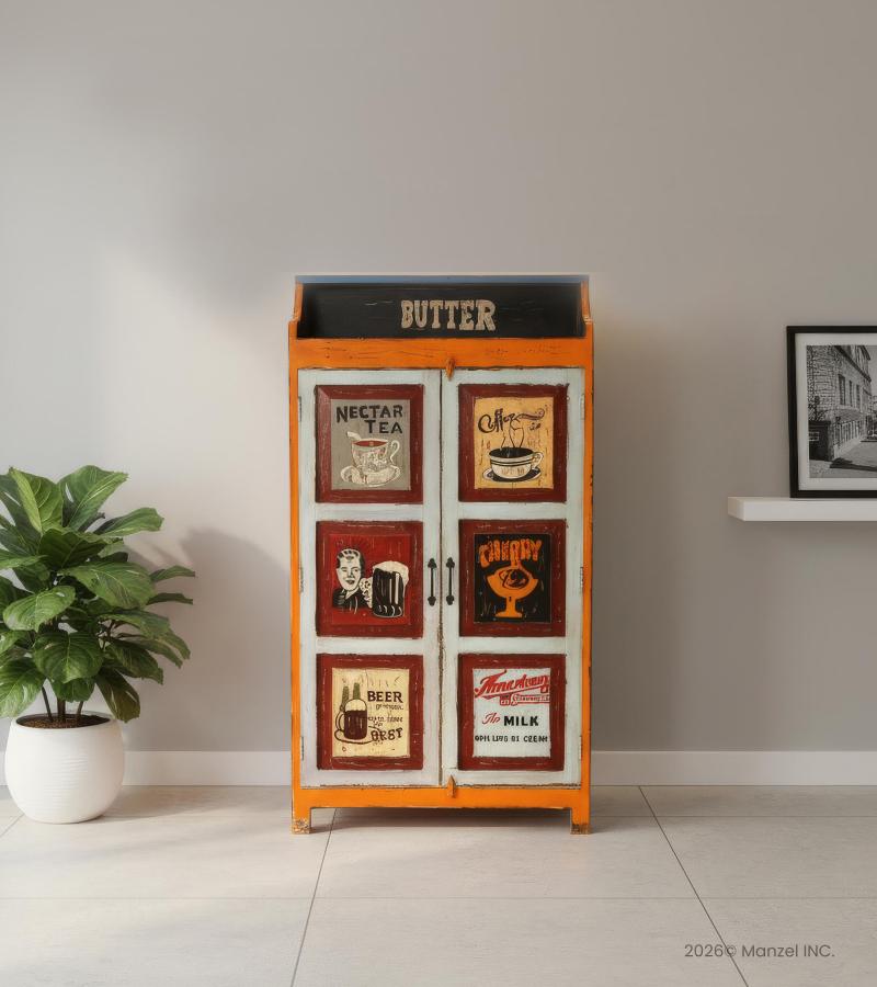 SOLID WOOD HAND PAINTED ADVERTISING 2 DOOR STORAGE CABINET