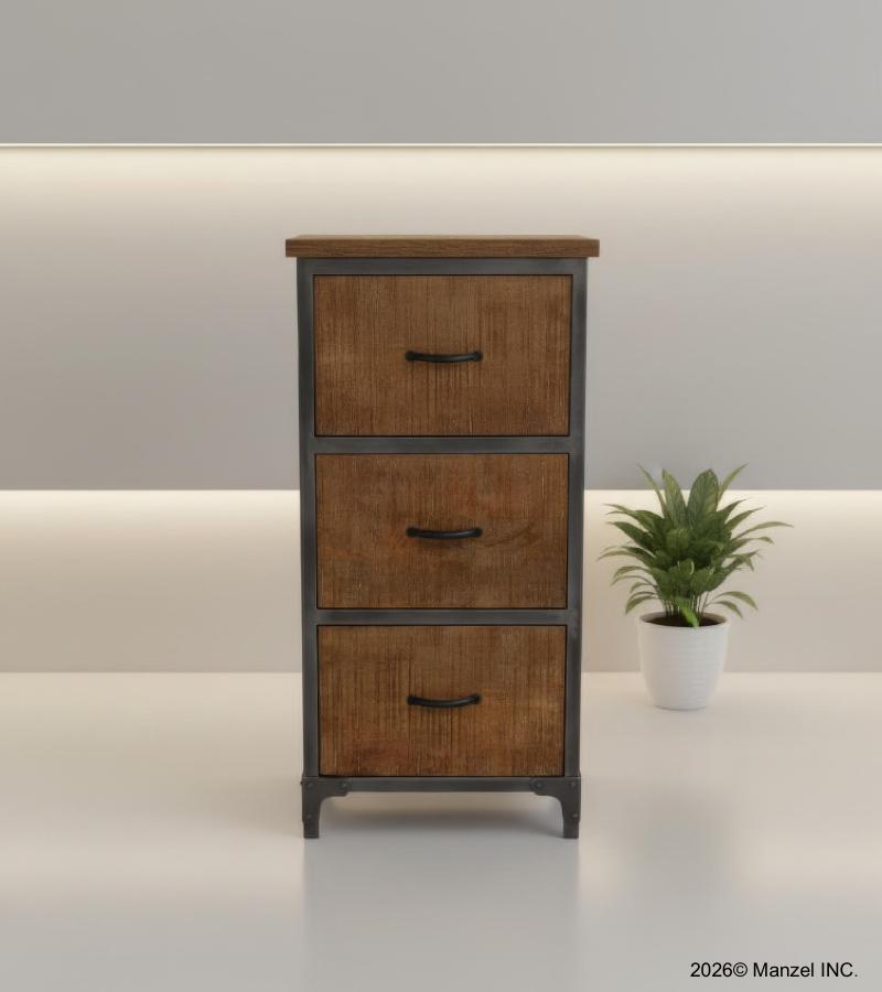 SOLID WOOD & IRON 3 DRAWER CHEST END TABLE