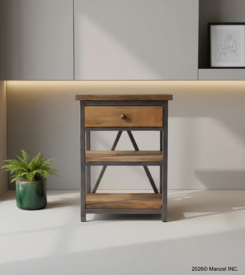 SOLID WOOD & IRON NIGHTSTAND / END TABLE