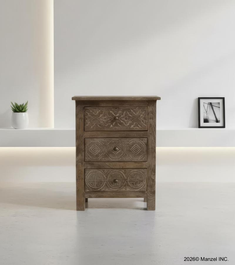 SOLID HAND CARVED WOOD NIGHTSTAND / END TABLE 3 DRAWERS