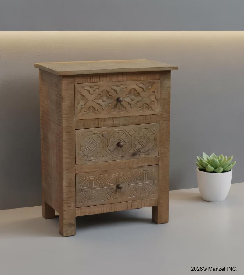 SOLID HAND CARVED WOOD NIGHTSTAND / END TABLE 3 DRAWERS