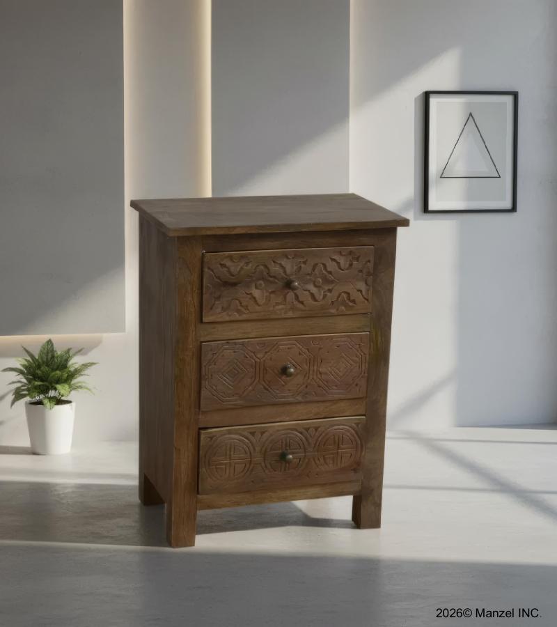 SOLID HAND CARVED WOOD NIGHTSTAND / END TABLE 3 DRAWERS