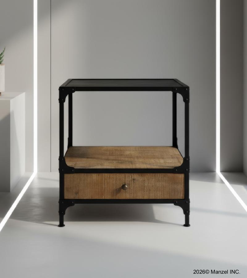 SOLID WOOD & IRON 1 DRAWER END TABLE NIGHTSTAND