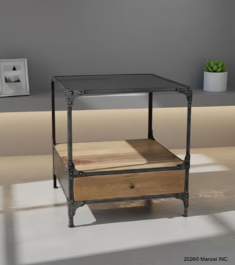 SOLID WOOD & IRON 1 DRAWER END TABLE NIGHTSTAND