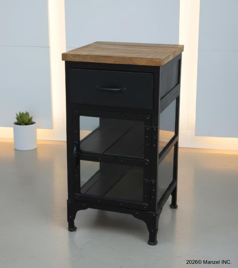 SOLID IRON, GLASS & WOOD NIGHTSTAND END TABLE