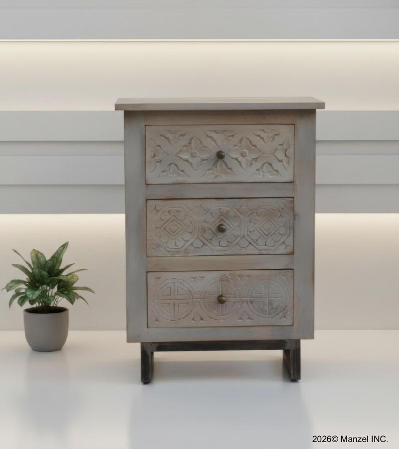 SOLID HAND CARVED WOOD 3 DRAWER NIGHTSTAND / END TABLE