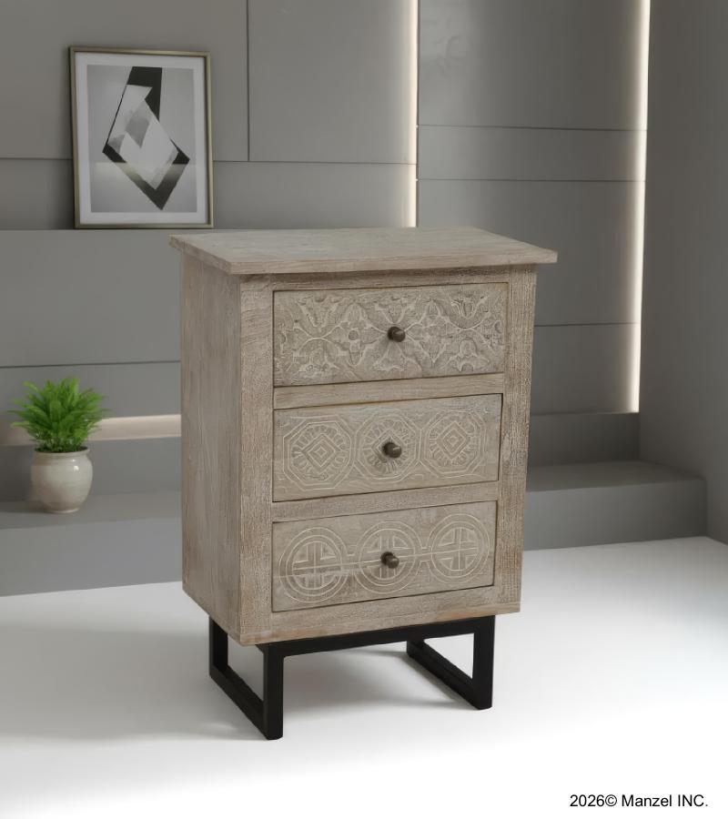 SOLID HAND CARVED WOOD 3 DRAWER NIGHTSTAND / END TABLE
