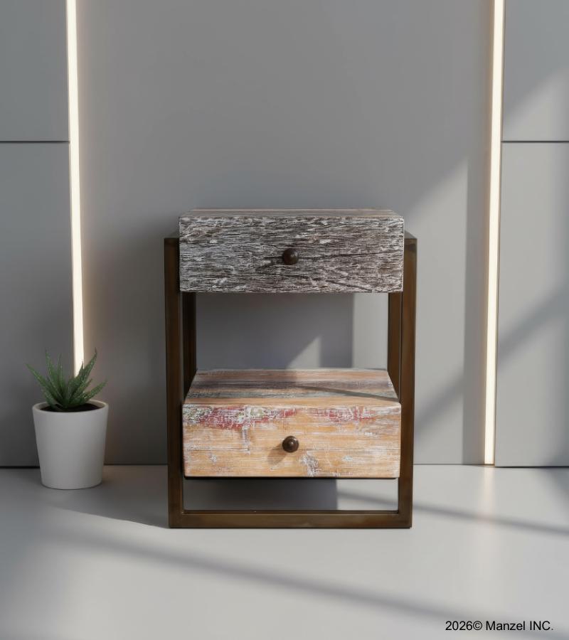 SOLID RECLAILMED TEAK WOOD & IRON END TABLE SIDE TABLE