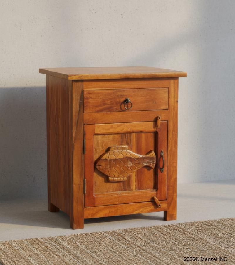 SOLID RECLAIMED TEAK WOOD NIGHTSTAND END TABLE W/ CARVED FISH