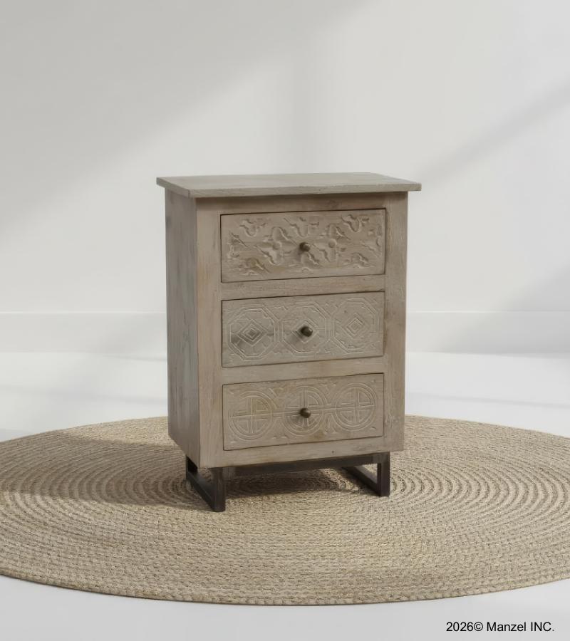 SOLID HAND CARVED WOOD 3 DRAWER NIGHTSTAND / END TABLE