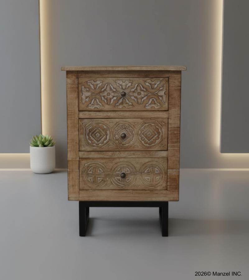 SOLID HAND CARVED WOOD 3 DRAWER NIGHTSTAND / END TABLE